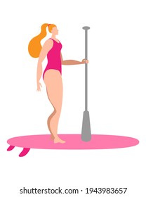 A girl in a pink swimsuit with a paddle stands on a surfboard. Isolated vector illustration in a flat style.