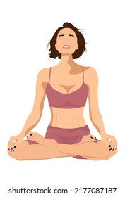 a girl in a pink swimsuit sits in a lotus position in a faceless style for yoga and meditation on a white background