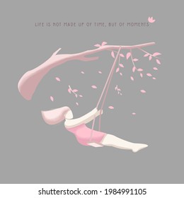 girl in pink tones swinging on a swing tied to a branch of a tree