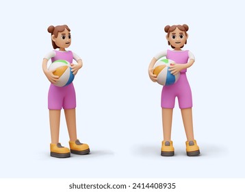 Girl in pink tracksuit is holding beach ball. Vector female character, view from different sides. Isolated person, template for summer game concepts. Beach volleyball