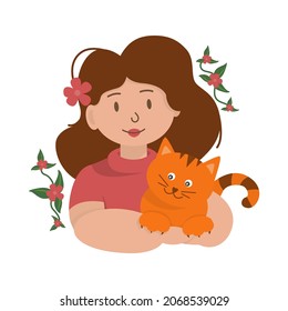 A girl in a pink T-shirt holds a orange cat in her arms. Vector summer illustration of a woman with a flower on her hair