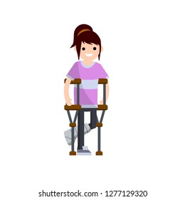 A girl in a pink t-shirt on crutches with a broken leg. Medical care. Sick and injured. The bandage on the foot. Element of the hospital. Trouble walking. Cartoon flat illustration