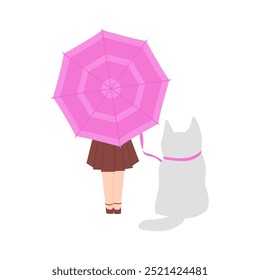 Muchacha con el paraguas rosado en paseo con el perro en la correa, Ilustración vectorial de la vista posterior