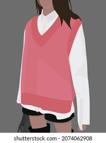 A girl in a pink vest, shorts, white shirt, with a bag in boots. Vector flat illustration. Modern, austere business outfit. Design for cards, posters, backgrounds, templates, textiles.