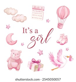 It's a girl pink and white elements watercolor design for a greeting card, perfect for baby showers.