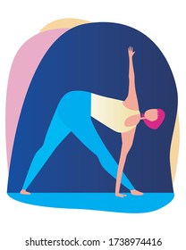 A girl or a pink-faced character does yoga alone at home. Stock vector flat illustration with asana or yoga pose and cute young European or American woman as a sport concept for international yoga day