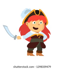 
Girl in a pirate costume. Captain or robber, funny cartoon illustration.