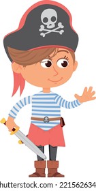 Girl in pirate costume. Happy party kid with toy sword
