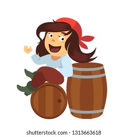 Girl in a pirate costume sitting on barrels of wine or beer.Funny bartender character.