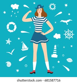 Girl pirate with decorative elements on background, such as seagull, lighthouse, wheel, ship, cloud, shell,sun, stars. Cartoon illustration for your design.