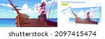 Girl pirate holding sword on wooden ship. Vector parallax background for 2d animation with cartoon sea landscape with pretty woman in buccaneer costume and hat with skull sign on boat deck
