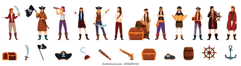 Girl pirate icons set cartoon vector. Corsair costume. Hat captain