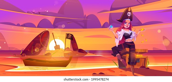 Girl pirate on beach with treasure chest, moored boat, jolly roger flag and shovel at sunset scenery seaview landscape. Filibuster woman captain stand on island sea shore, Cartoon vector illustration