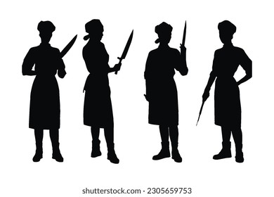 Girl pirates with anonymous faces, and full-body silhouettes. Female butchers in different position silhouette with butcher knives. Woman pirates with swords silhouette bundle on a white background.