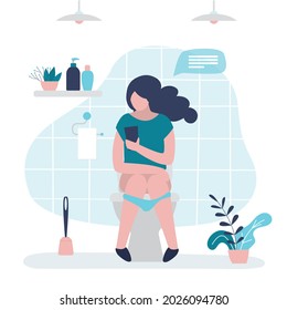 Girl pissing or pooping in toilet. Woman chatting with friends in lavatory. Female character surfing social networks while sitting on toilet bowl. Restroom interior design. Flat vector illustration