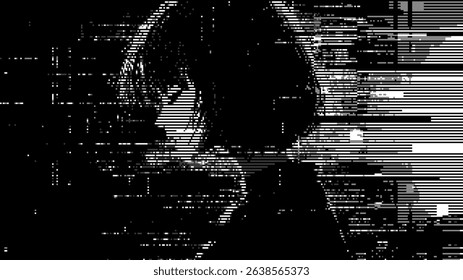 Girl with pixelated glitch effect on black background. Abstract digital noise art. Distorted portrait for cyber culture display. Vector graphics.