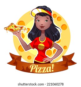 Girl with pizza in the red uniform