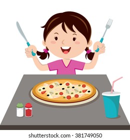 Girl and pizza. Vector illustration of a little girl hold knife and fork.