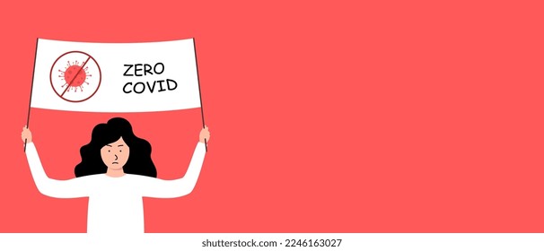 A girl with a placard is protesting against covid restrictions. The concept of protests in China and the world