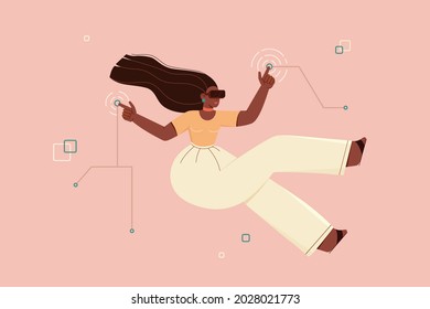 Girl placed in virtual reality vector illustration. Latin woman wearing vr glasses and fly flat style. Vr, game, fun, entertainment concept