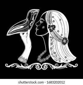 Girl with plague doctor mask. Medieval gothic venetian mask. Isolated vector illustration.