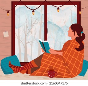 A girl in a plaid, with book in her hands, is sitting on the windowsill and looking out the window. Outside the window is a winter landscape. Cozy winter. Vector illustration in flat style