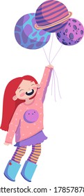 Girl with planet balloons vector illustration