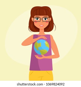Girl with planet Earth in hands Vector. Cartoon. Isolated art 