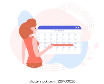 The girl is planning a month in the calendar. Vector illustration on pastel background.