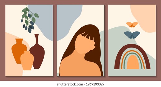Girl and plant poster collection. Minimalist abstract boho woman portrait set