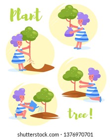 Girl plant tree. Planting stages Vector. Cartoon. Isolated art on white background. Flat