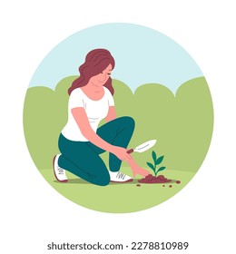 The girl planted a young green seedling in the ground. In the hand a garden shovel. Gardening outdoors, crop production. Caring for nature and ecology. Vector cartoon illustration