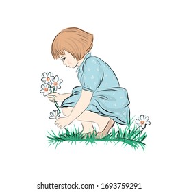 Girl planting flower, little gardener