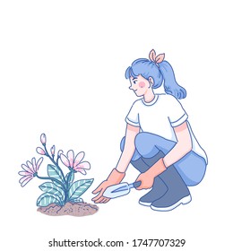 Girl is planting flowers character design of vector.