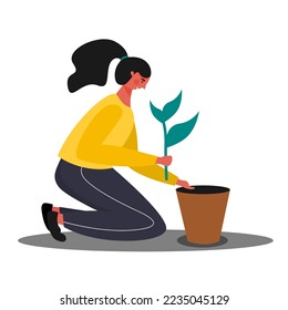 Girl planting plant on the pot flat ilustration character. Girl gardening flowers design.