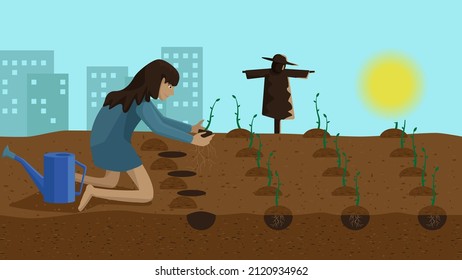 A Girl Is Planting Plants In A Field On A Sunny Day