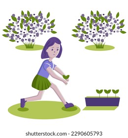 The girl is planting seedlings.