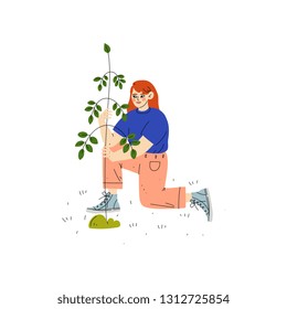 Girl Planting Tree, Boy Working in Garden or Farm Vector Illustration