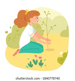 Girl planting tree into soil. Happy smiling girl putting new tree in ground in garden. Outdoor leisure activity in park vector illustration. Fun recreation in summer or autumn.