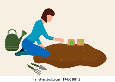 The girl is planting vegetable garden. Young woman is engaged in agriculture. Spring sowing of seeds. Vector, concept