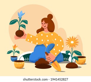 The girl plants flowers. Young woman working in the garden. Vector illustration in flat style.