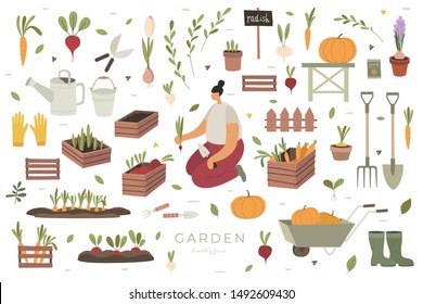 Girl plants vegetables in market garden. Large set of items on agricultural theme: boxes and pots with plants, shoes and gardener's inventory. Care and cultivation of plants. Flat style.