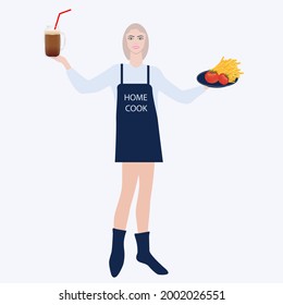 Girl and plate with french fries, tomatoes, glass with smoothies - vector. Online cooking courses. Home kitchen.