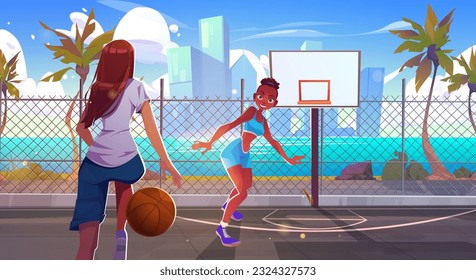 Girl play basketball on street court beach and sea vector background. basket ball game stadium with cityscape on ocean shore. Skyscraper view from city sport arena and competition between woman