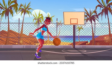 Girl play basketball on street court beach and sea vector background. Basket ball game stadium on ocean shore view. City sport competition arena with african american black skin woman