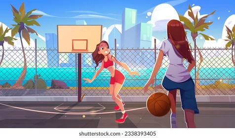 Girl play basketball on street court beach and sea vector background. basket ball game stadium with cityscape on ocean shore. Skyscraper view from city sport arena and competition between woman