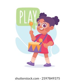 Girl Play Drum as Verb Study with Little Kid Demonstrating Activity Vocabulary Vector Illustration