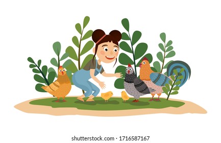 Girl play with hens, cockerel and chickens in a poultry yard surrounded by tall green grass. Vector children cartoon illustration