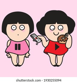 Girl With Play Icon On Her Dress Pressing The Pause Button On Remote Control To Stop Her Friend Eating A Donut Concept Card Character Illustration