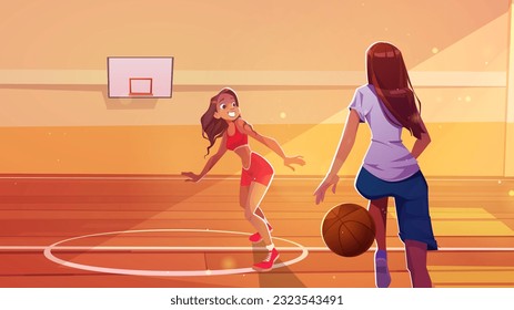Girl play on school basketball court hall cartoon vector background. Indoor gymnasium field in gym interior with teen training. Wooden parquet in university playground area. Game competition graphic